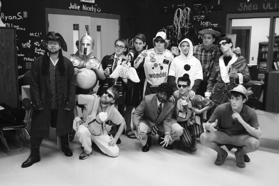 On the Wednesday leading up to the competition, Mr. Urbana participants dressed up as movie characters. (Back row, left to right) JP Kim: Spartan Solider, Connor Wills: Harry Potter, Jacob Mittereder: Gladiator, Win Mckeever: Ricky Bobby, Cody Wilcox: Olaf, Zach Cummings: Woody, Brian Dailey: Austin Powers; (front row, left to right), Joey Mejia: Jack Sparrow, Greg Kuver: Alan Garner, Emmanuel Apea: Samuel L Jackson, Steven Mick: Ace Ventura and Andy Moss: Peter Pan. 