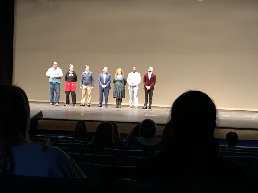 All Professor Urbana contestants lined up before the winner was announced; from left to right: Mr. Cresta, Ms. Hackett, Mr. Grover, Mr. Frush, Ms. Yinger, Mr. Allen, and Mr. Ayerdiz.