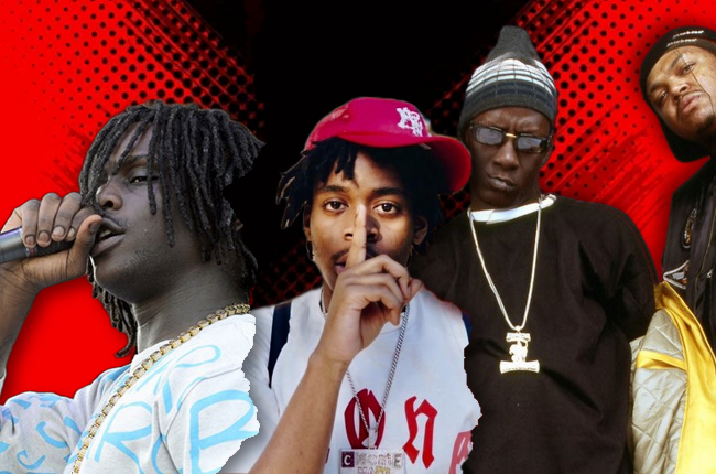 From left-to-right: Chief Keef, YN Jay, and two members of Three6Mafia