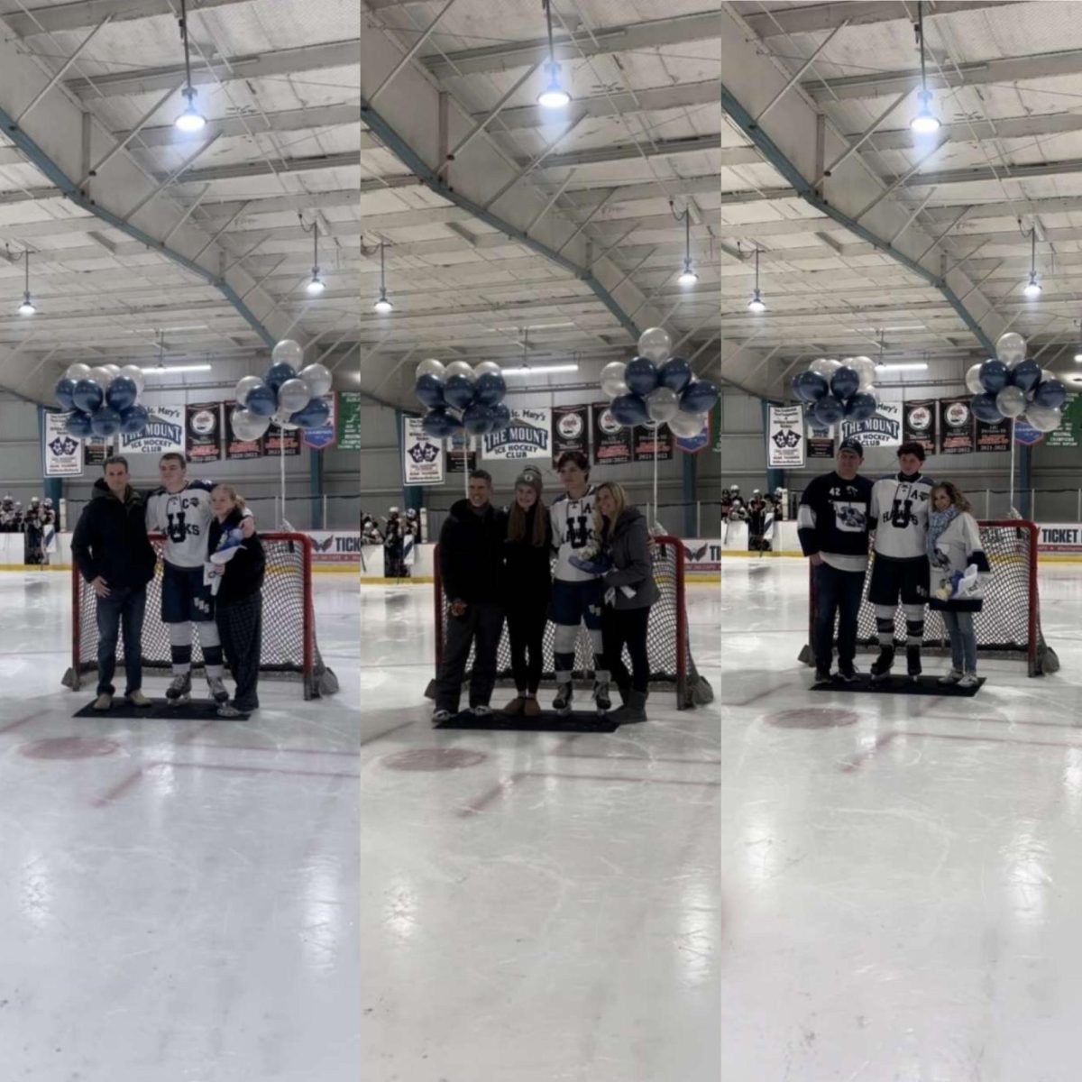 Seniors Seamus McGee, Brady Gardiner, and Max Dabruzzo pose
 as they share a sentimental moment with their families on the ice 
before game time. 

