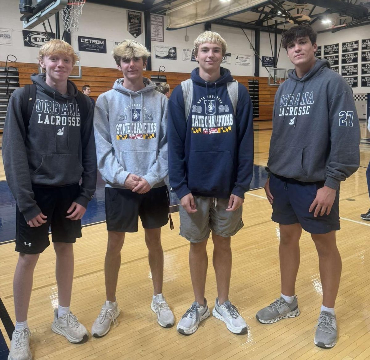 Lacrosse players ( left to right) Wyatt Bryne, Will Mcleod, Brandon Sybrant, Aidan Himes are ready for class!