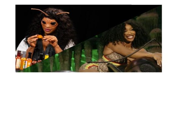 On the left, SZA eats hot wings on the Hot Ones while wearing prosthetics related to her upcoming album. On the right, SZA performs at BTS Hyde Park while hinting at her upcoming album by sitting on top of a fake ant with a jungle-like set.