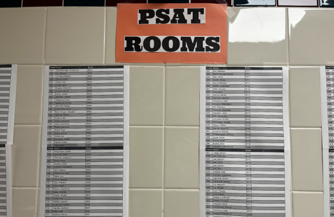 PSAT room list posted in the A-wing, sorted by last name. 