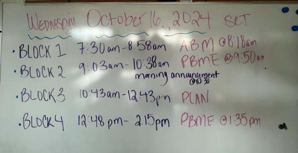 Mrs. Kwasny posts a daily schedule for students and staff.