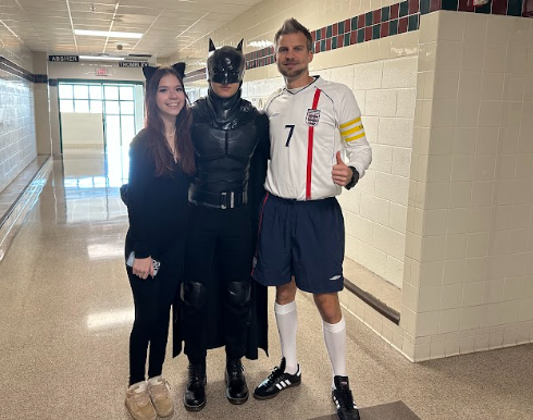 Allie Green (Class of 2025), Parsa Abedi (Class of 2025) and Mr. Grant Friedland participate in dressing up for Halloween!