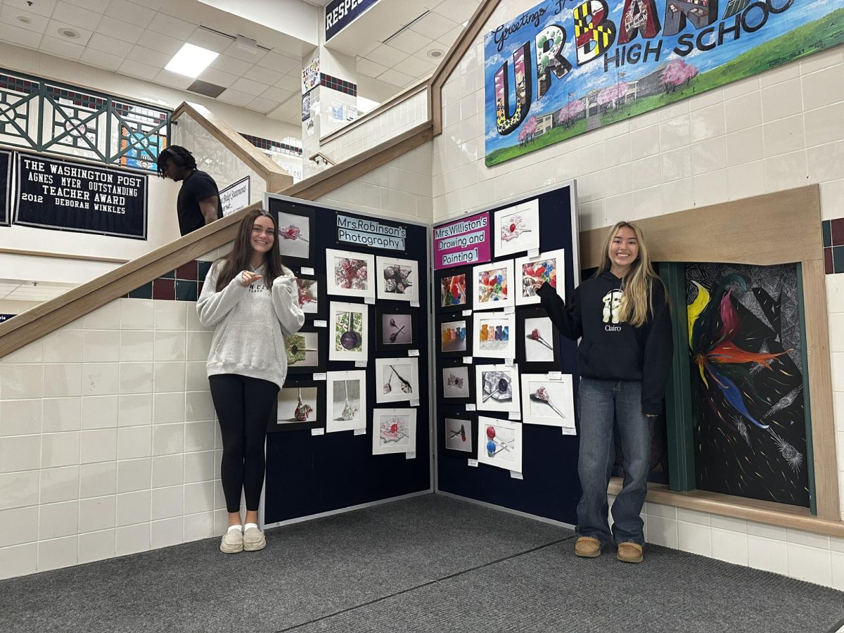 Drawing and painting and photography classes displayed their art by the main stairs. Bella Charoenying and Addison Buckland pose for a picture with it.