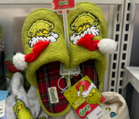 These fun slippers are in the Christmas section at Target! The Grinch!