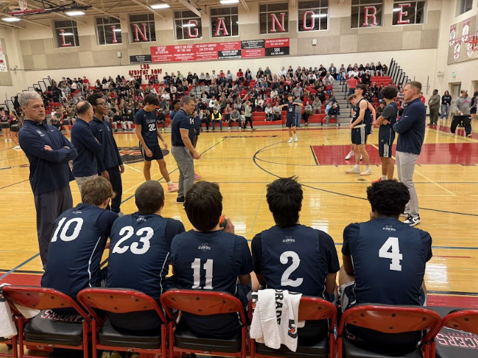 The starting five: Tristan Thompson, Mason Johnson, Sean Pyles, Diego Orrellana, and Keith Mazinga prepare for a hopeful victory against the bears.