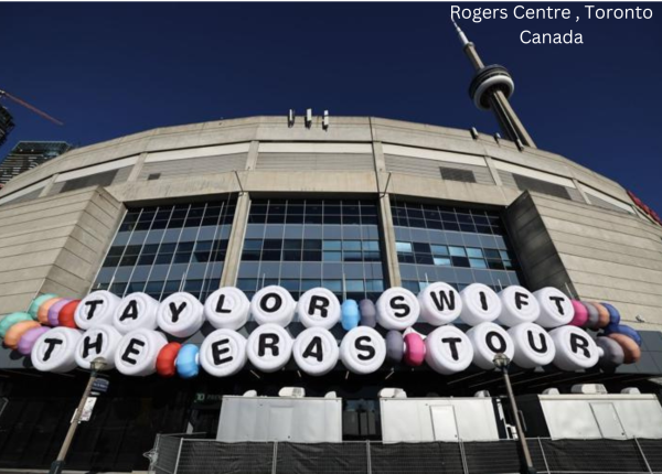 Blown up friendship bracelets are hung outside of the Rogers Centre in Toronto Canada celebrates the Eras Tour. The six shows in Toronto would raise the city $152 million.