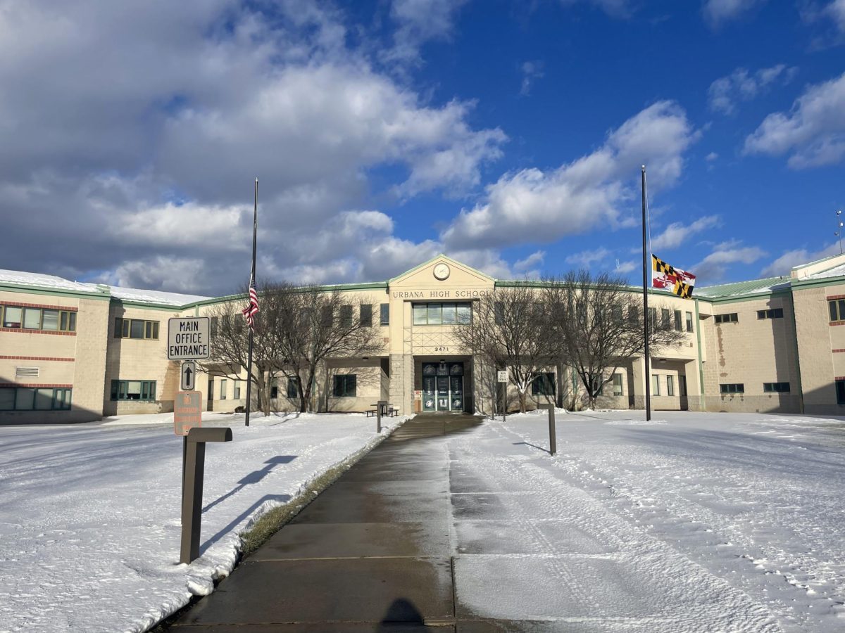 The January 6 winter storm accumulated 6 inches of snow. The front entrance of Urbana High School greets visitors with plenty of snow. 